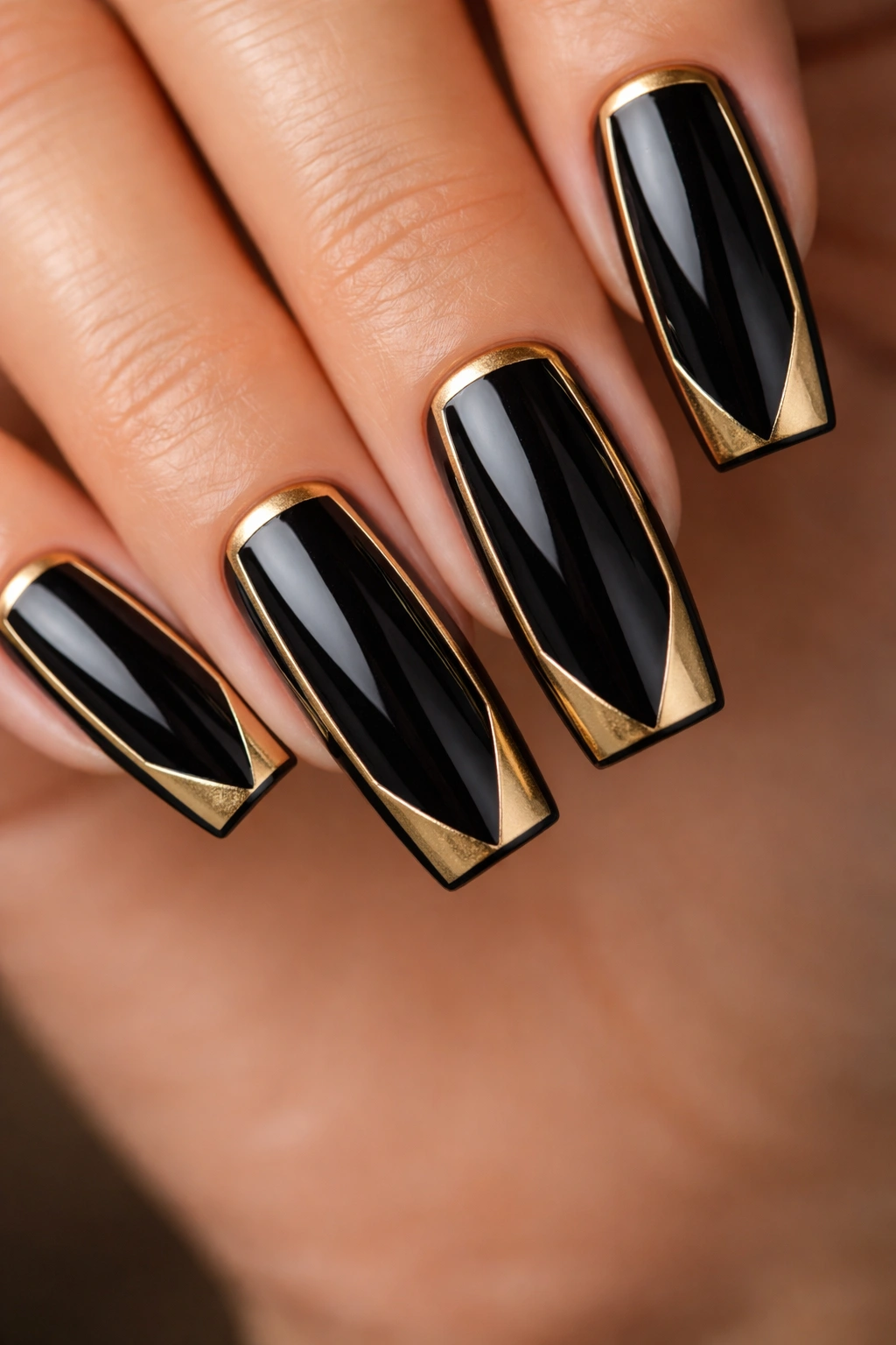 Coffin nails with gold geometric frame on black base
