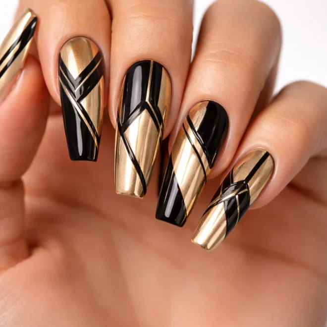 20 Gold Coffin Nail Designs for Long Nails