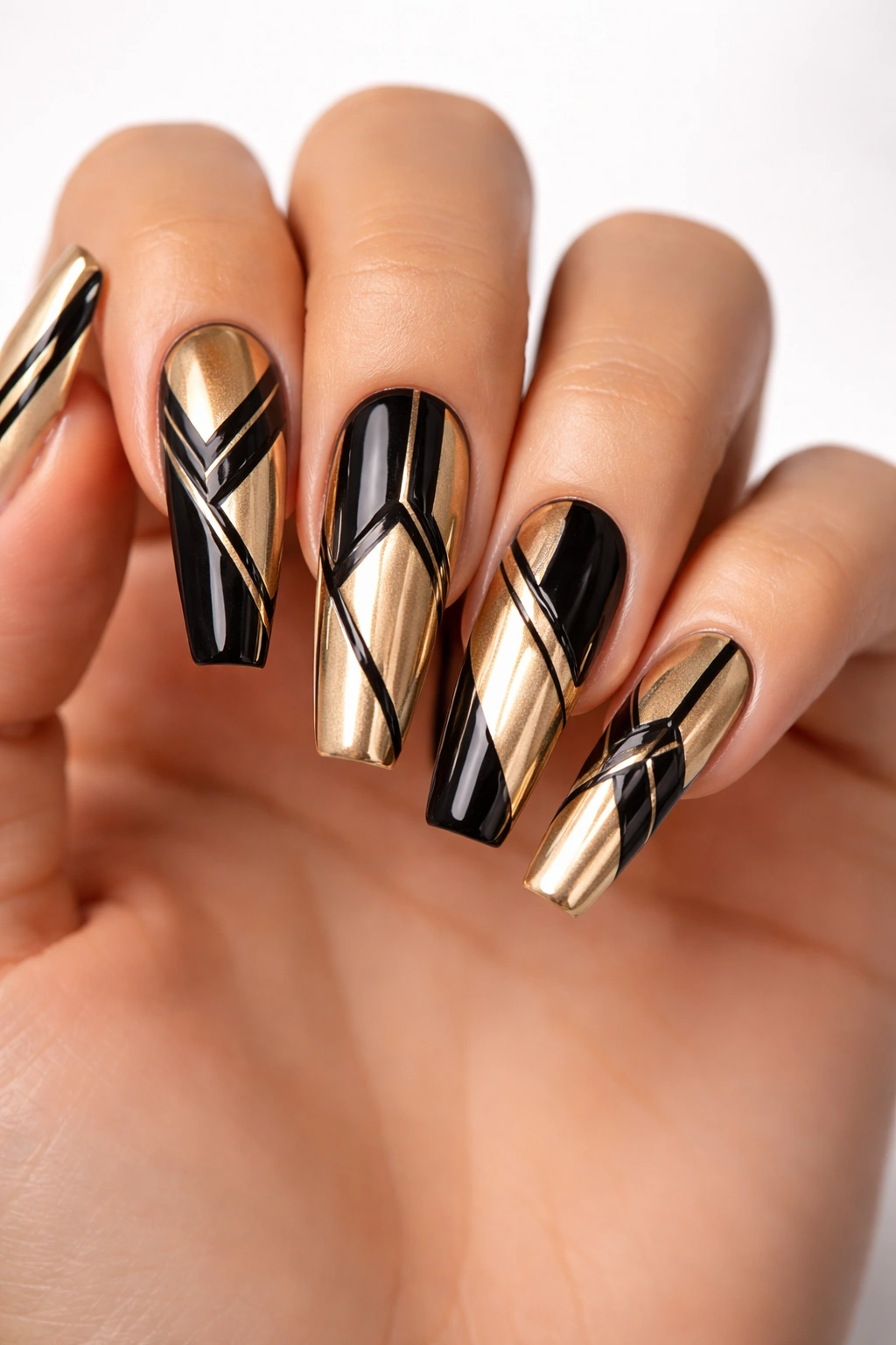 Coffin nails with gold base and black geometric shapes showing negative space