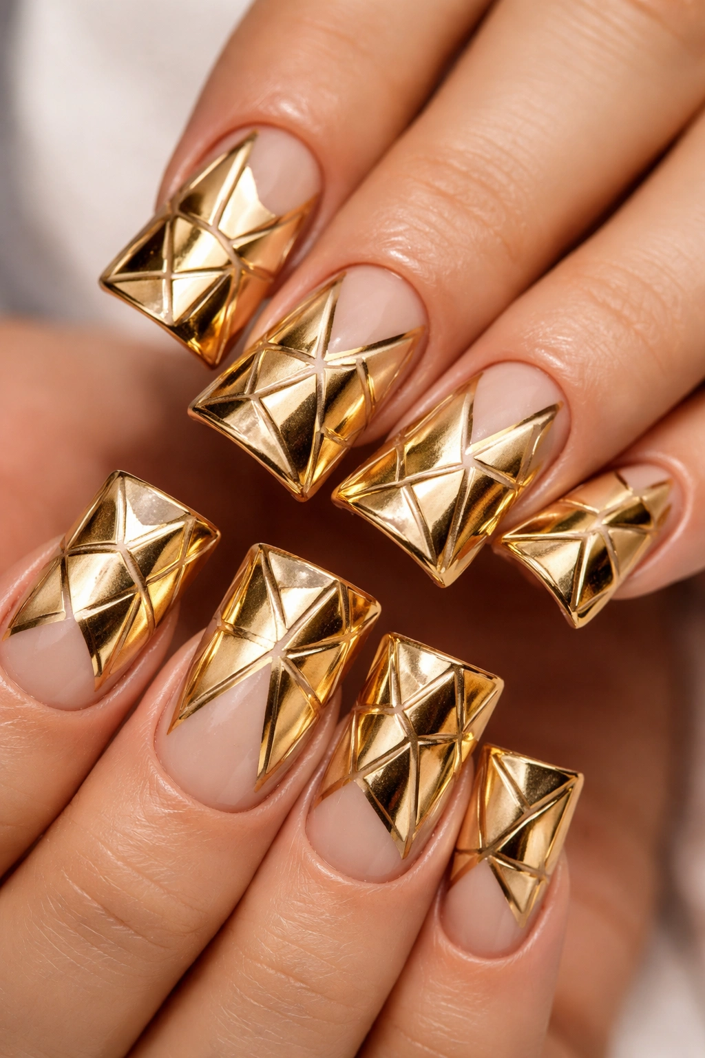 Close-up of gold geometric triangles on duck nails with a neutral base