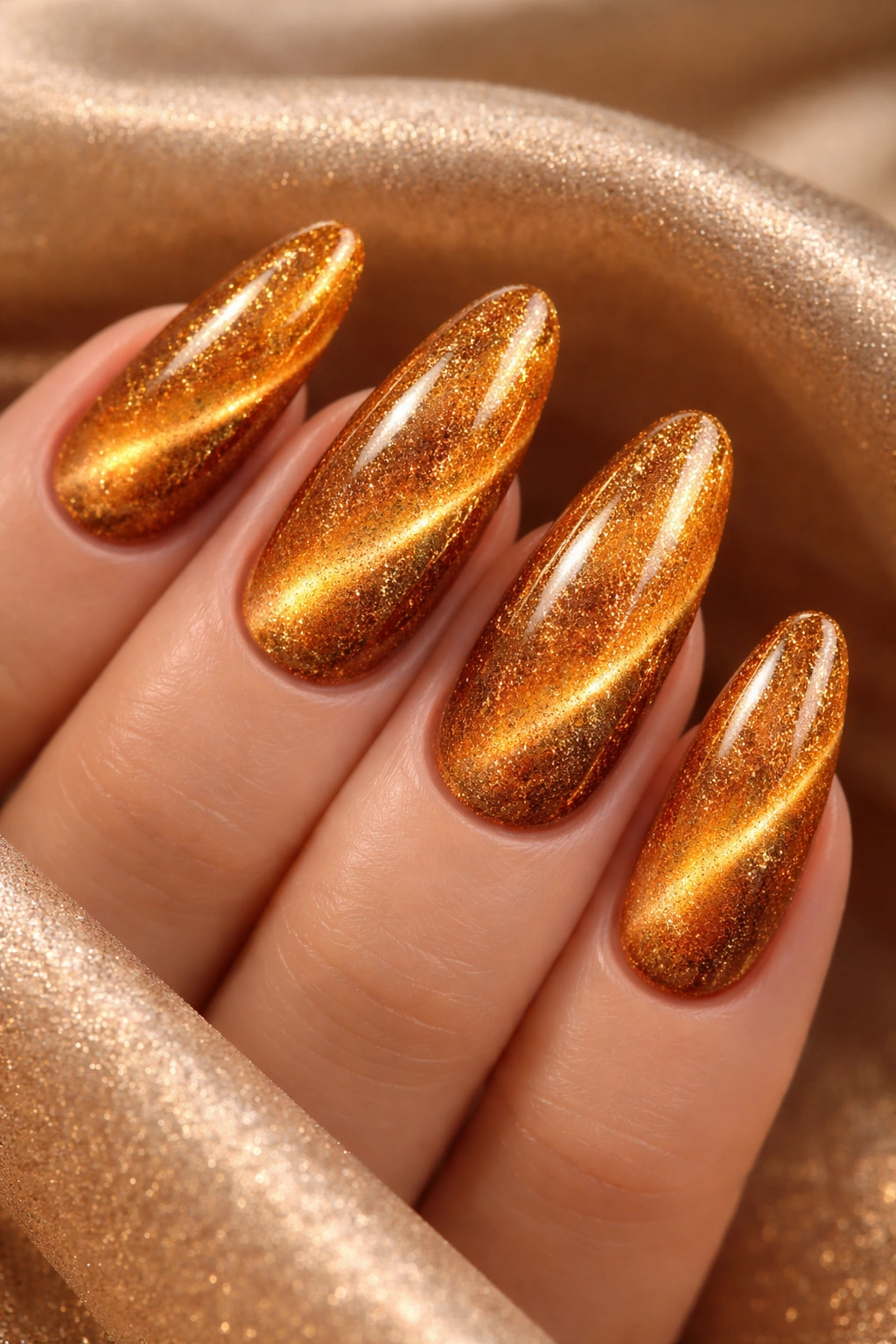 Close-up of amber cat eye nails with golden glitter on a neutral background