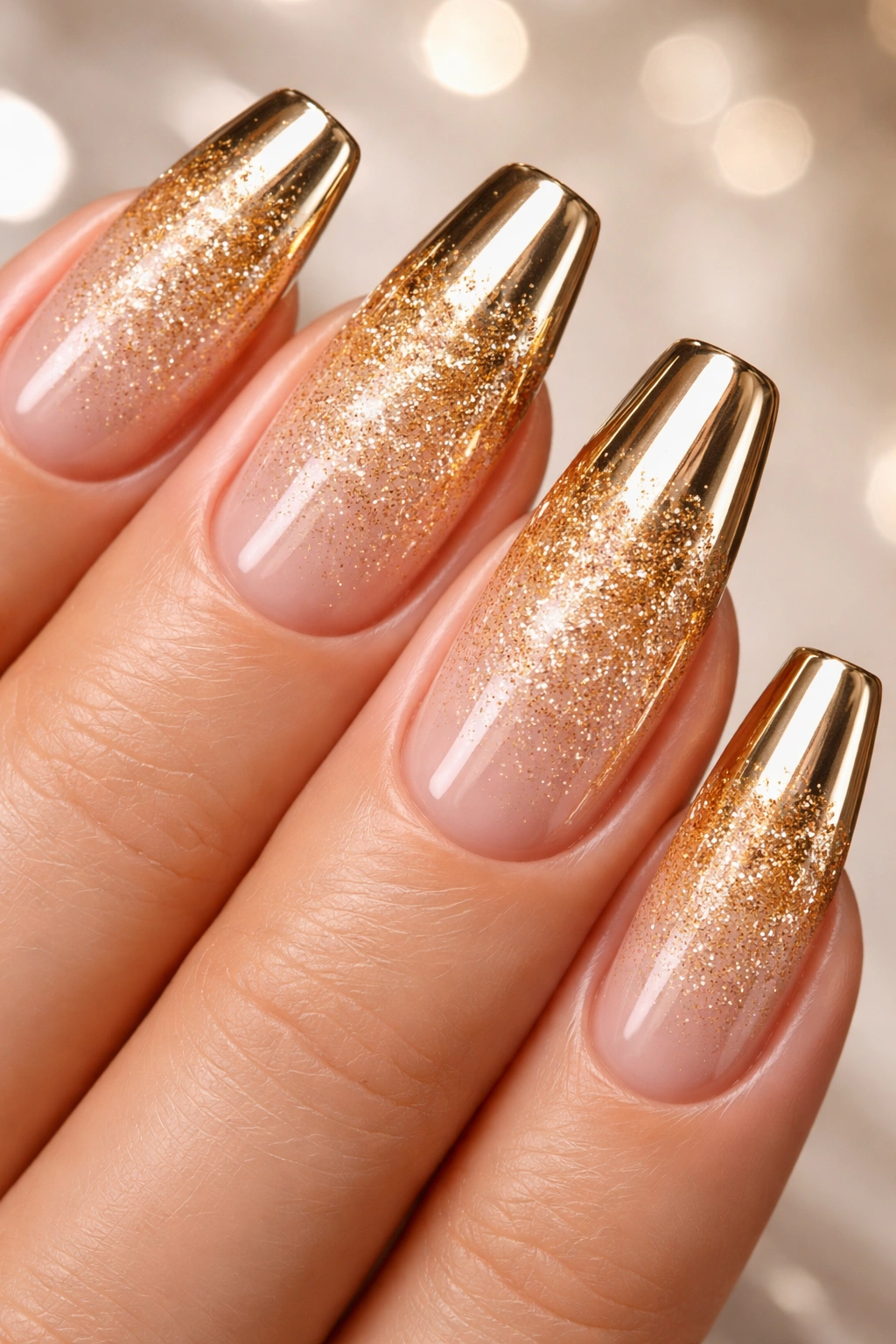 Close-up of nails with gold glitter ombré and chrome tips