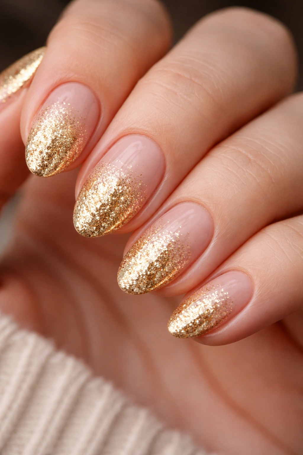 Short almond nails with dense gold glitter fade at tips