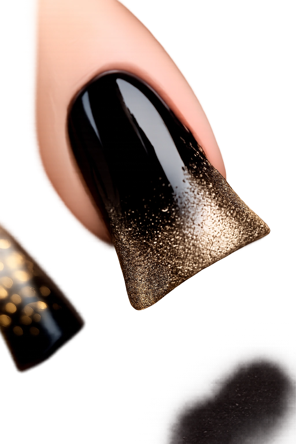Close-up of a duck nail with black base and gold glitter gradient at the tip