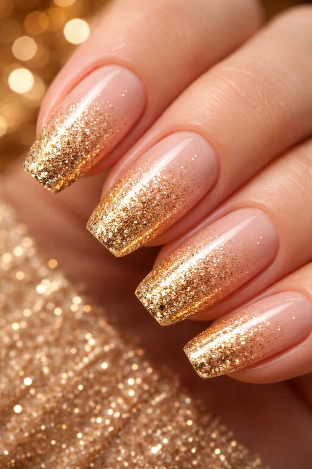 Close-up of nude base nails with gold glitter gradient at tips