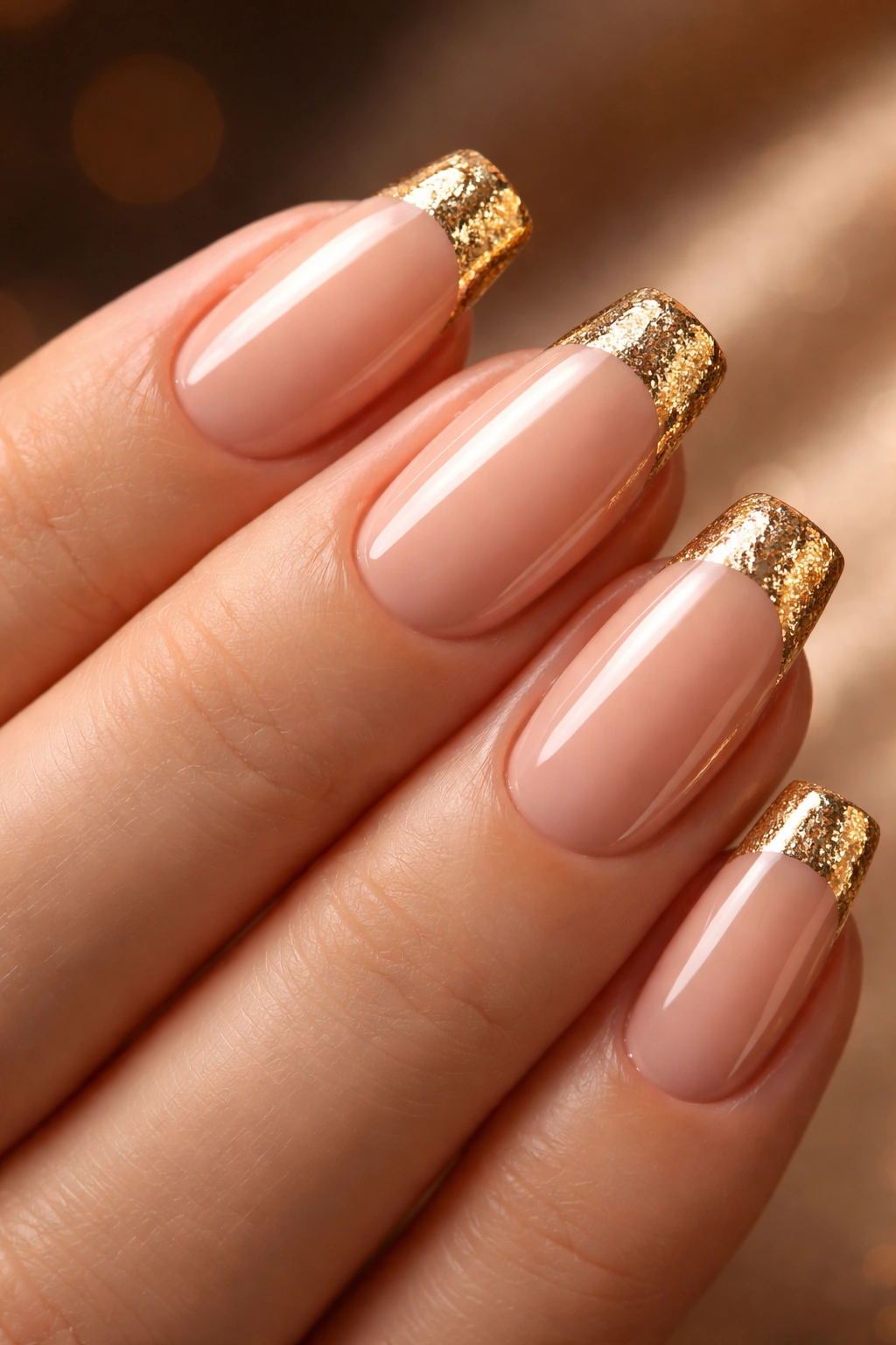 Nails with nude base and gold glitter tips
