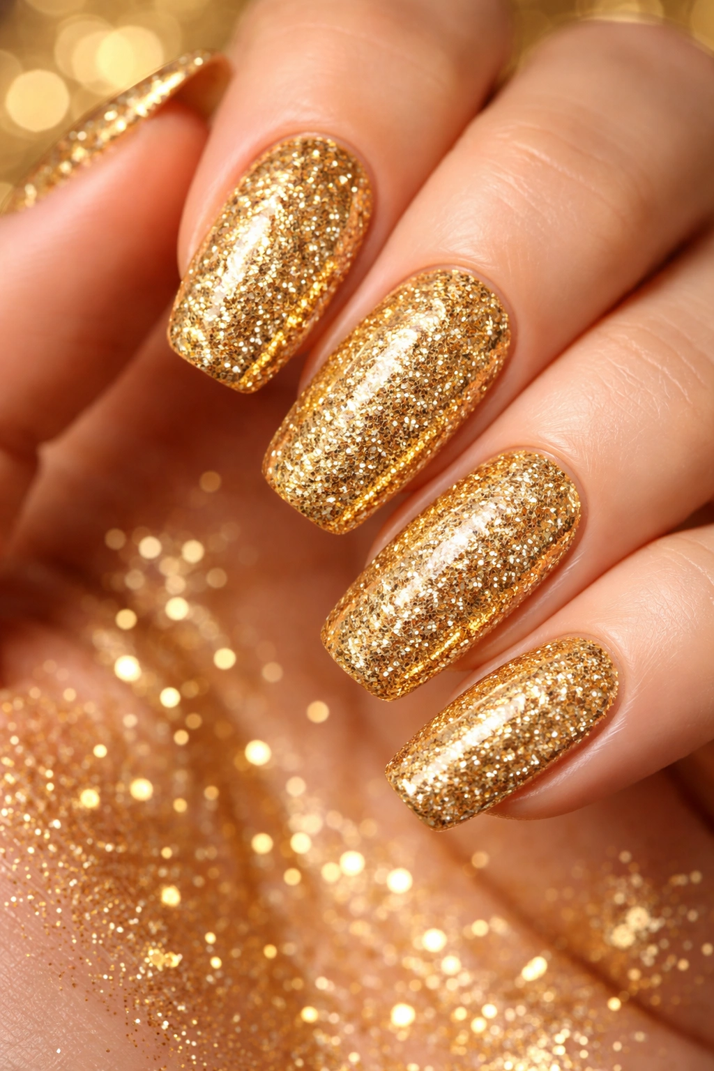 All-Over Gold Glitter Nails close-up on hand with dense sparkle