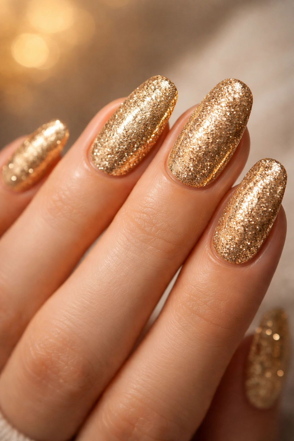 Close-up of gold glitter nails on nude base