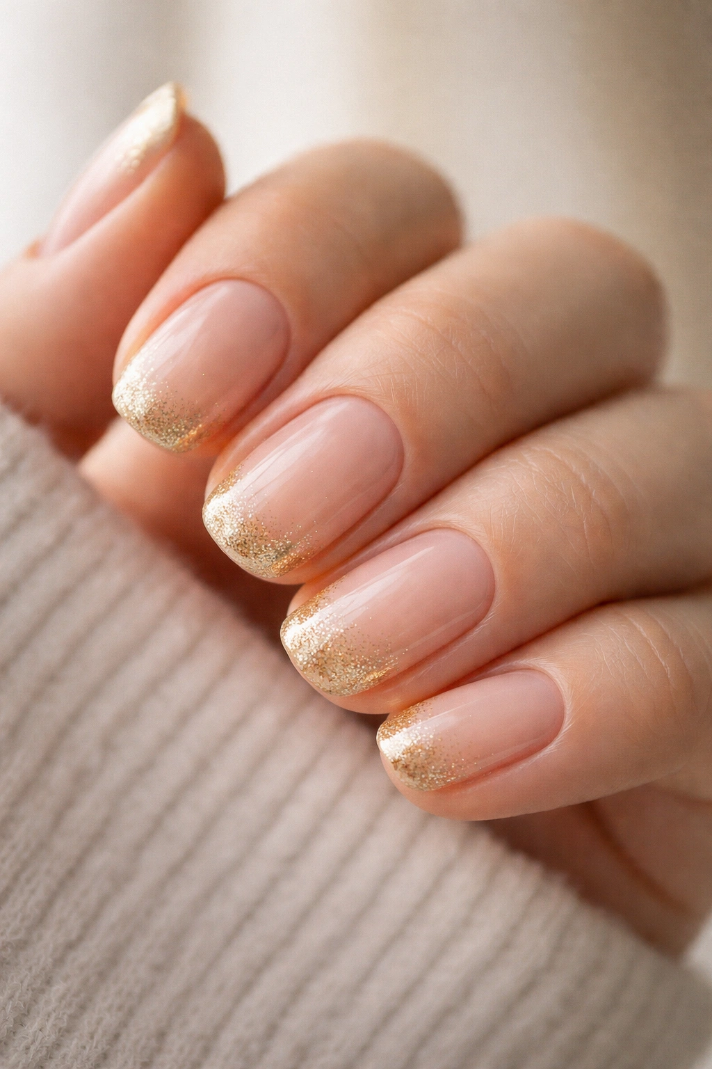 Close-up of short oval nails with gold glitter French manicure on nude base