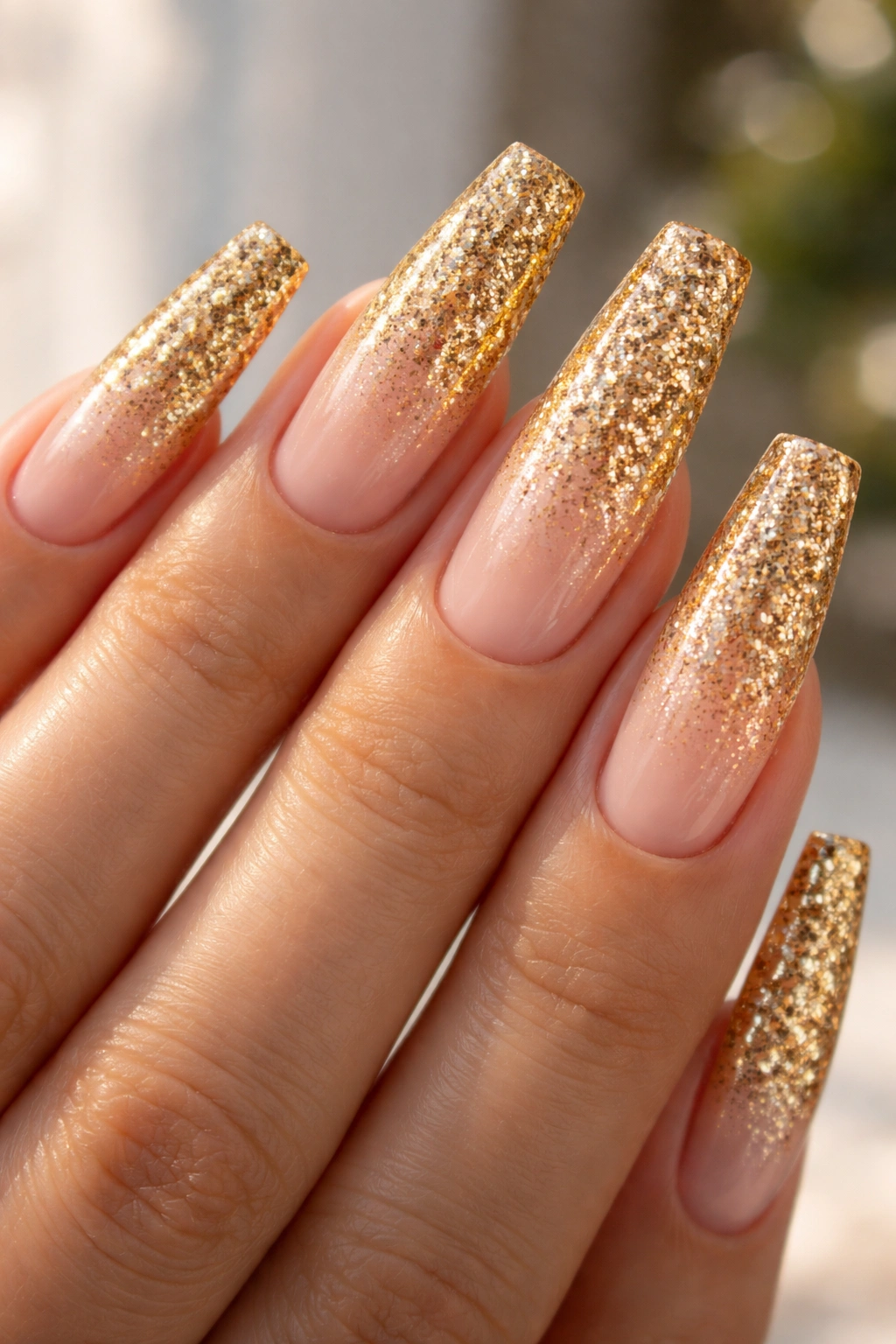 Close-up of long coffin nails with nude base and gold glitter ombre