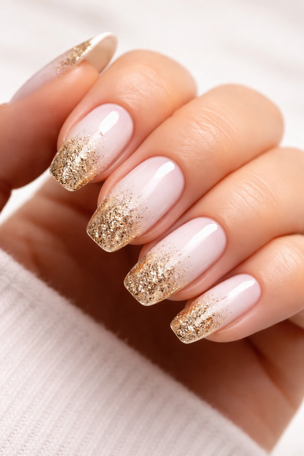 Close-up of white nails with a gold glitter gradient from tips fading to the base