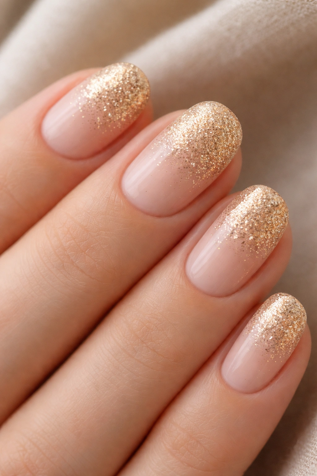 Close-up of nude nails with fine gold glitter fade near cuticle