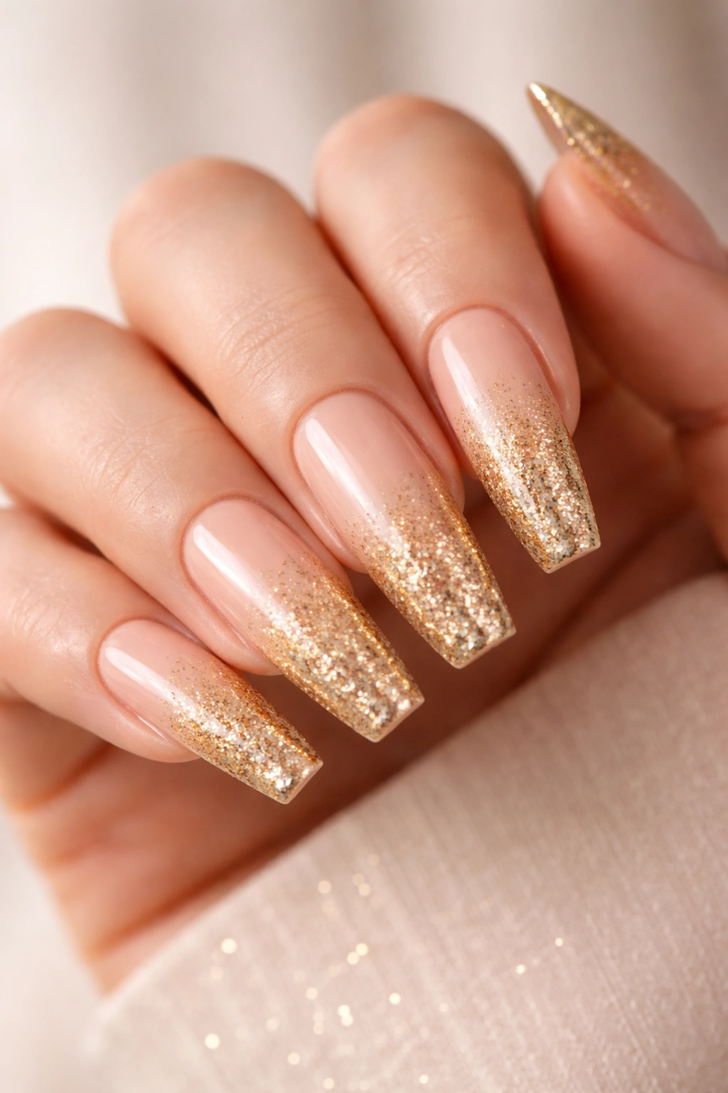 Close-up of gold glitter ombre coffin nails on nude base with glossy finish