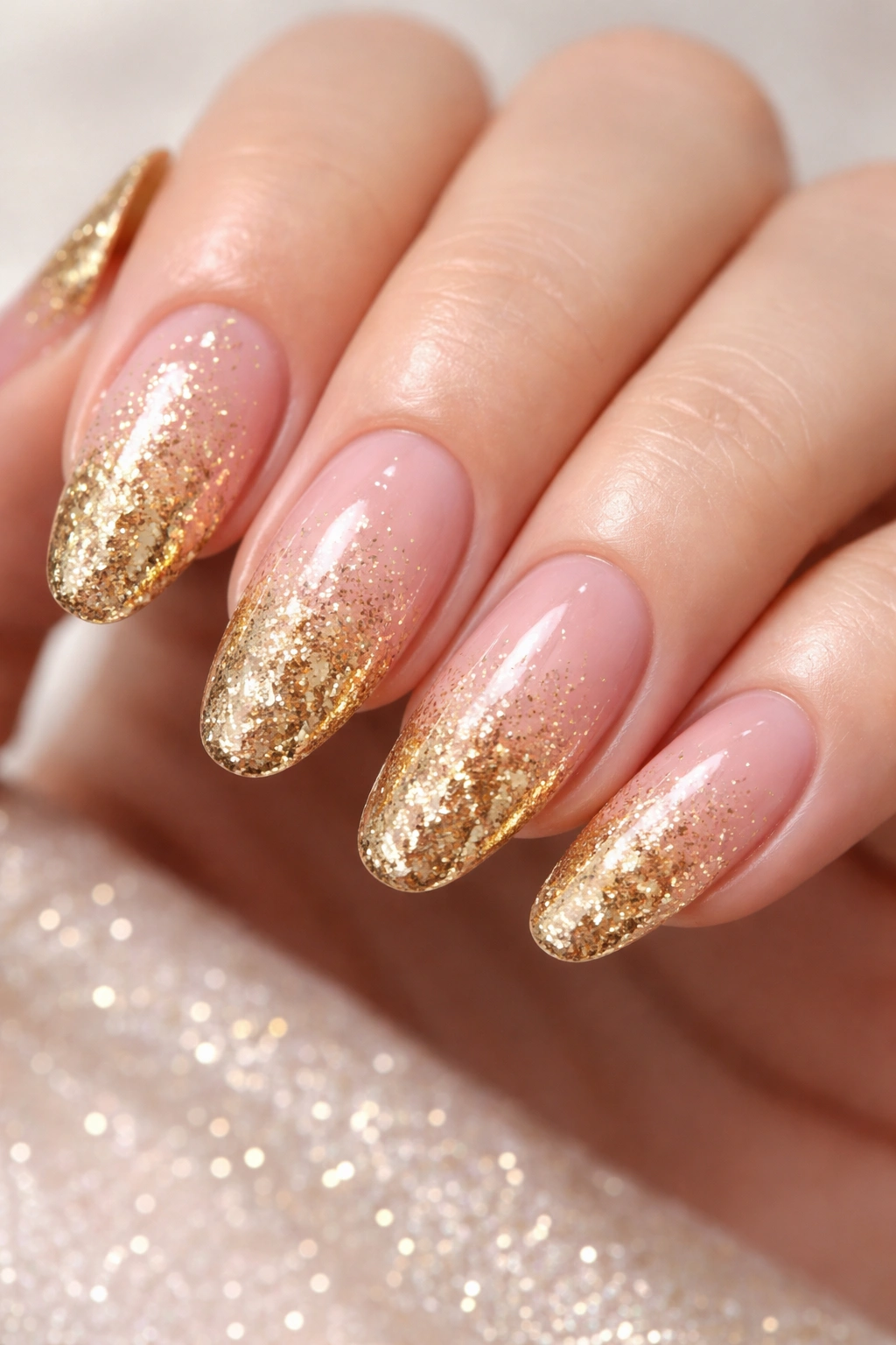 Gold glitter nail gradient fading into pink base