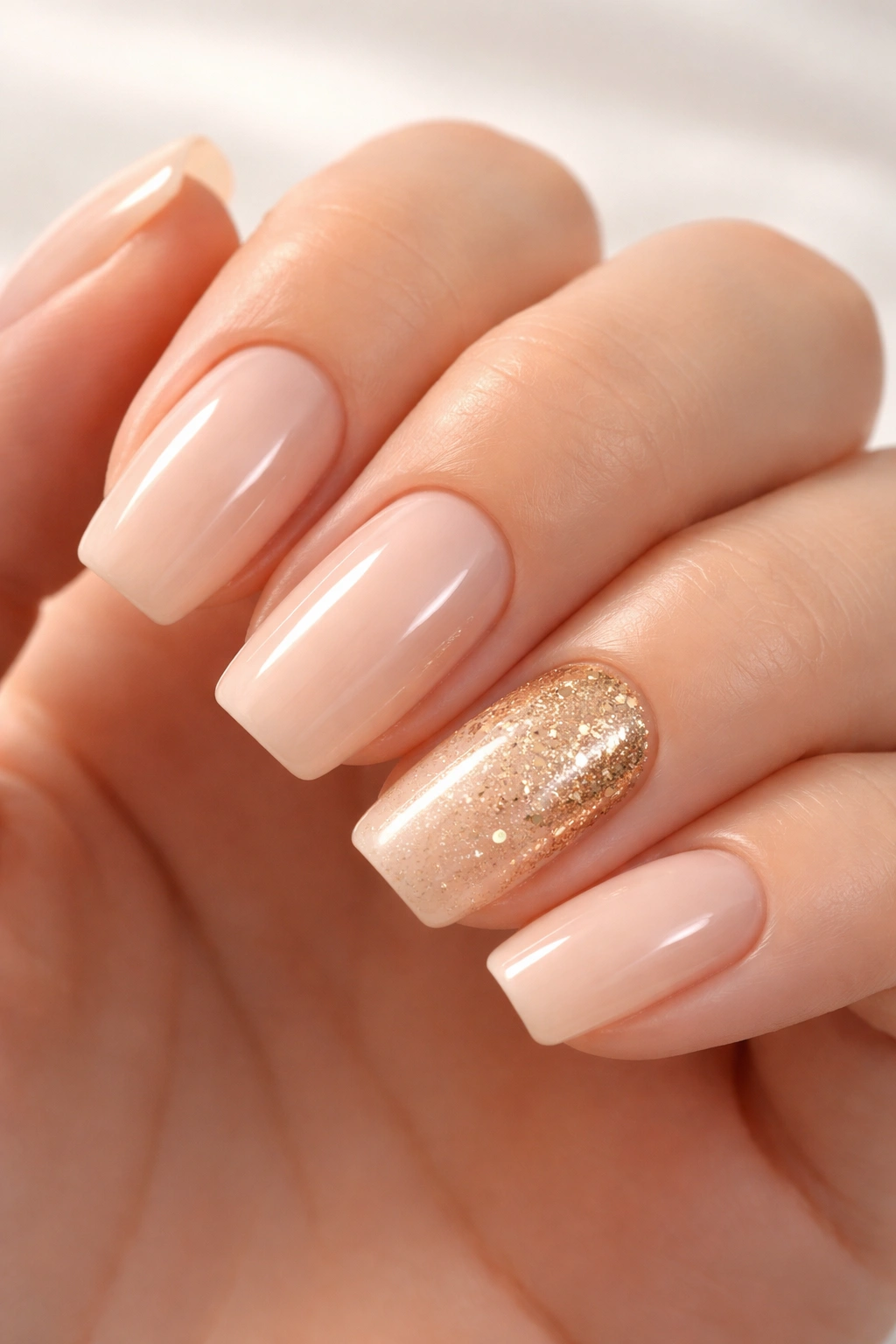 Nude nails with a gold glitter accent on one nail, squoval shape