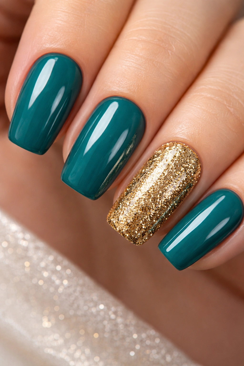 Teal-based nails with a single gold glitter accent nail in close-up.