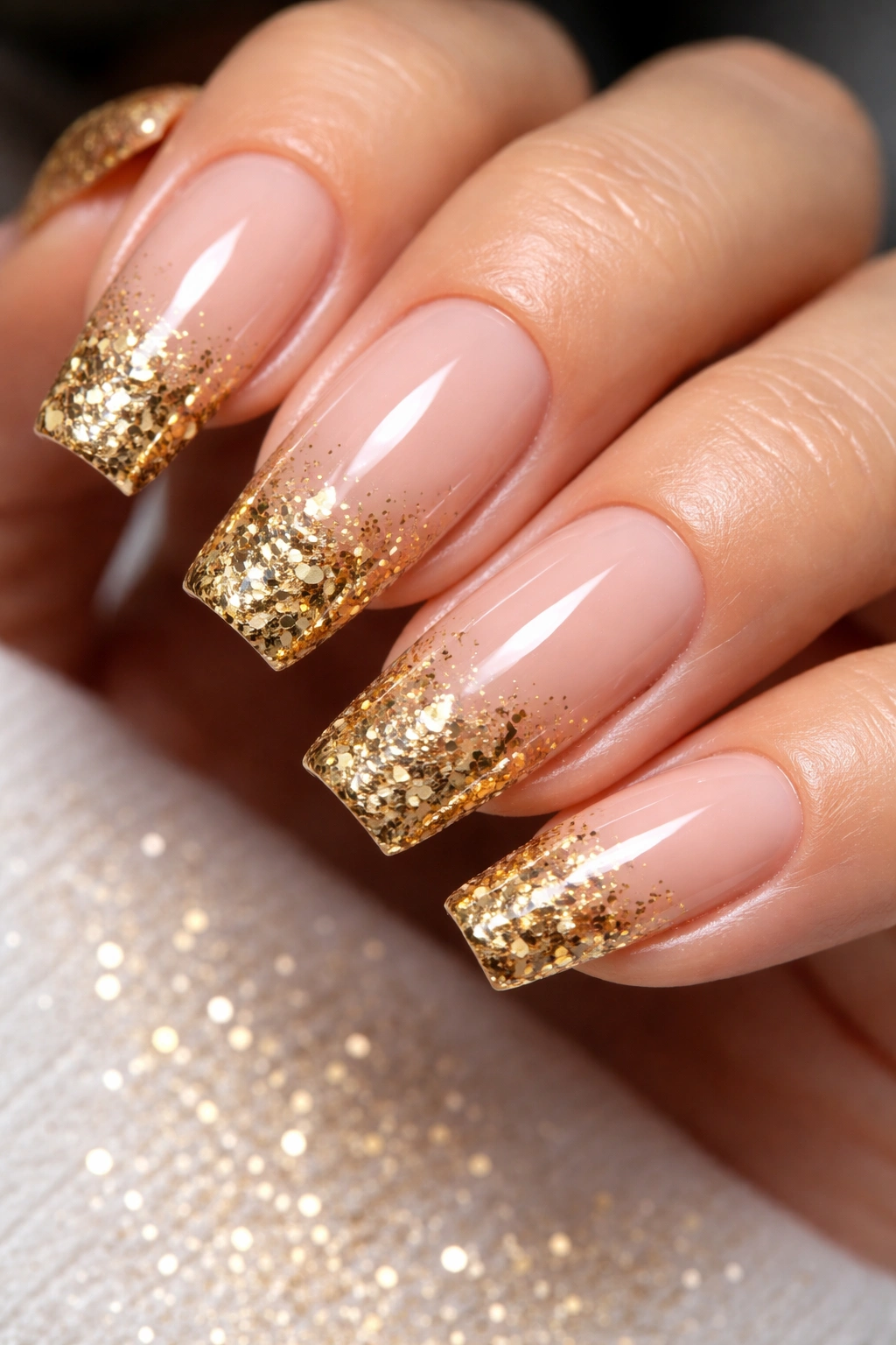 Nude nails with chunky gold glitter tips in a French-inspired gradient