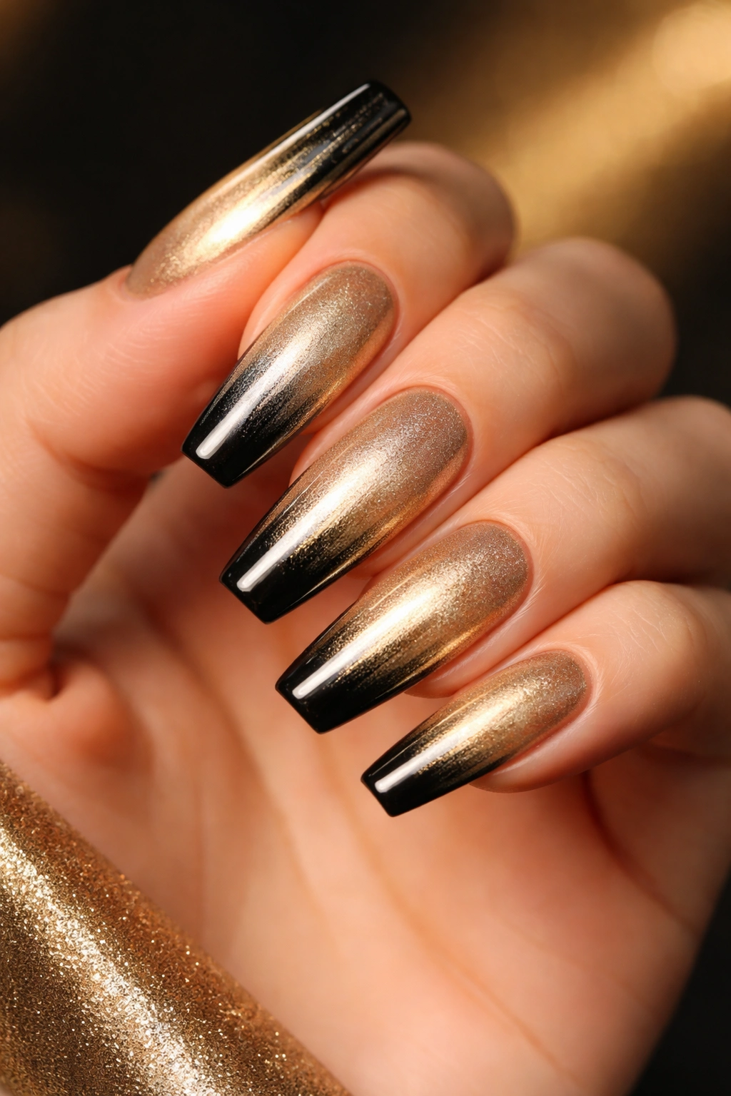 Close-up of gold gradient coffin nails with subtle black shadows