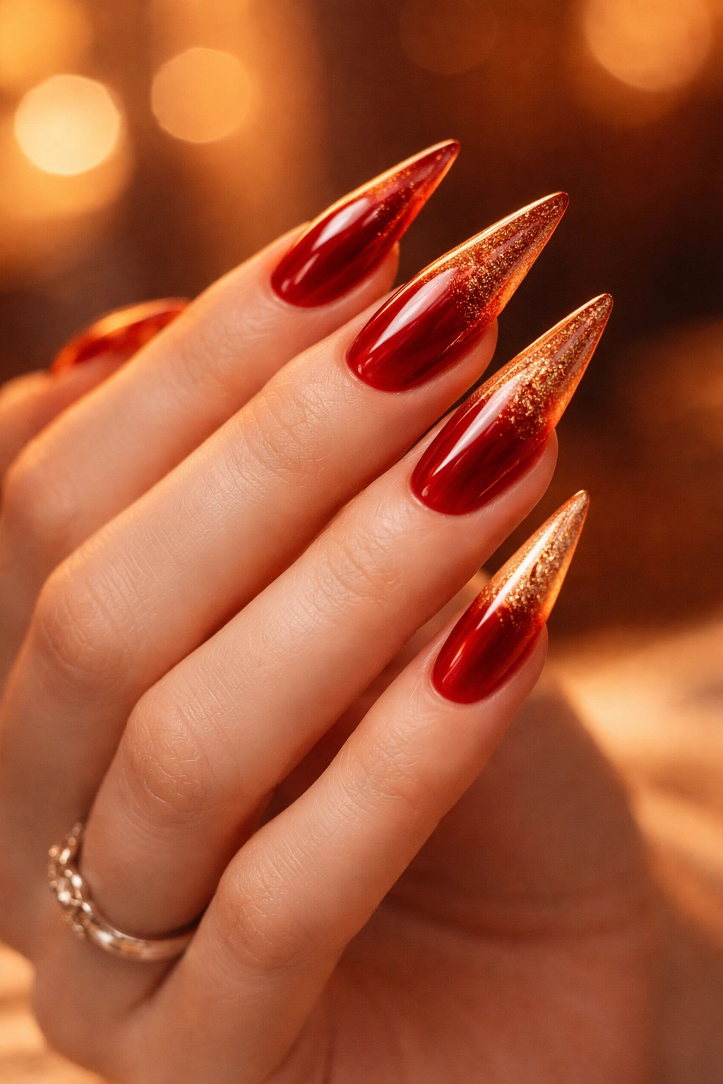 Close-up of red to gold gradient stiletto nails under warm studio lighting