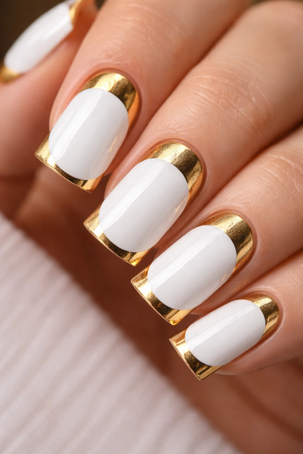 White nails with gold half-moon shapes at the base