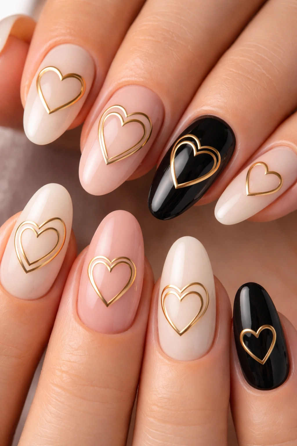 Nails with thin metallic gold heart outlines on light and dark bases