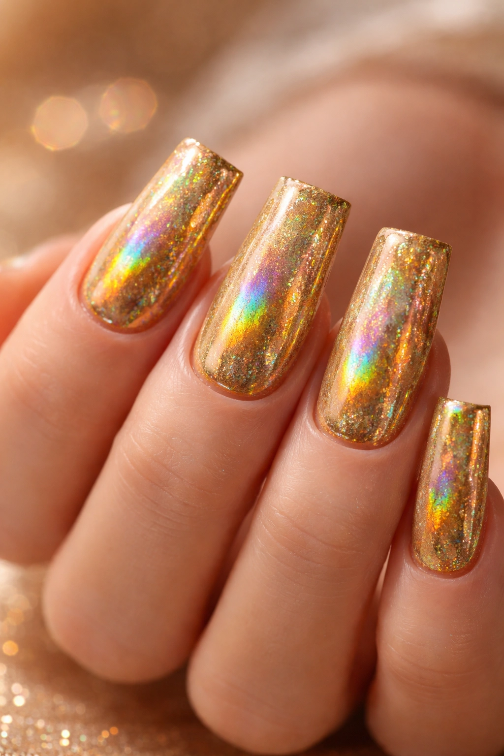 Close-up of gold holographic duck nails with rainbow reflections