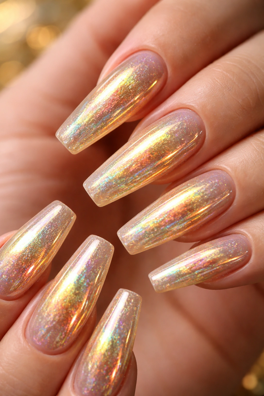 Coffin nails with gold holographic shift colors under bright light