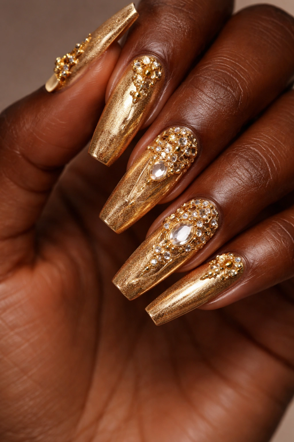 Dark skin nails with gold embellishments and studs