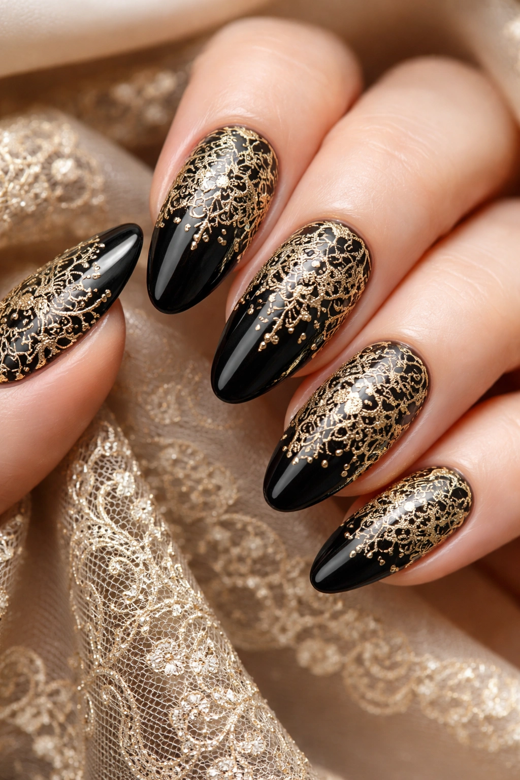 Close-up of black nails with intricate gold lace overlay