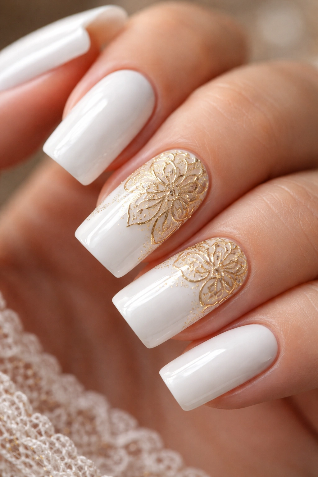 White nails with delicate gold lace pattern on accent nail