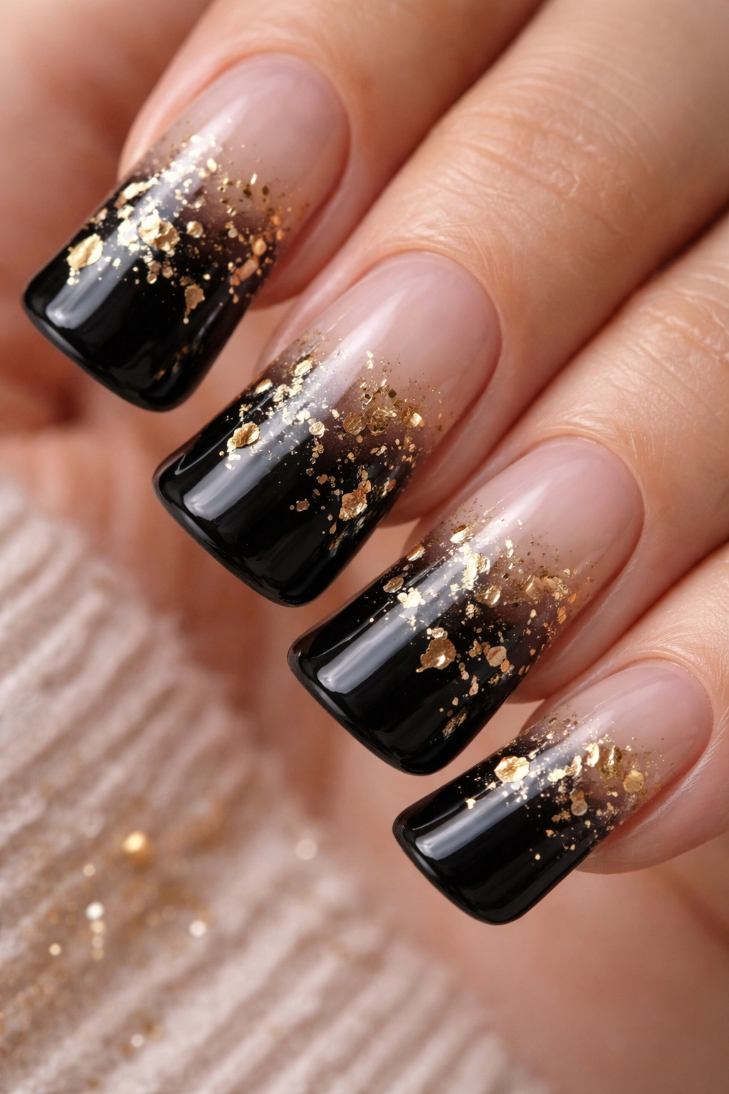 Close-up of black duck nails with delicate gold leaf accents on the gradient base