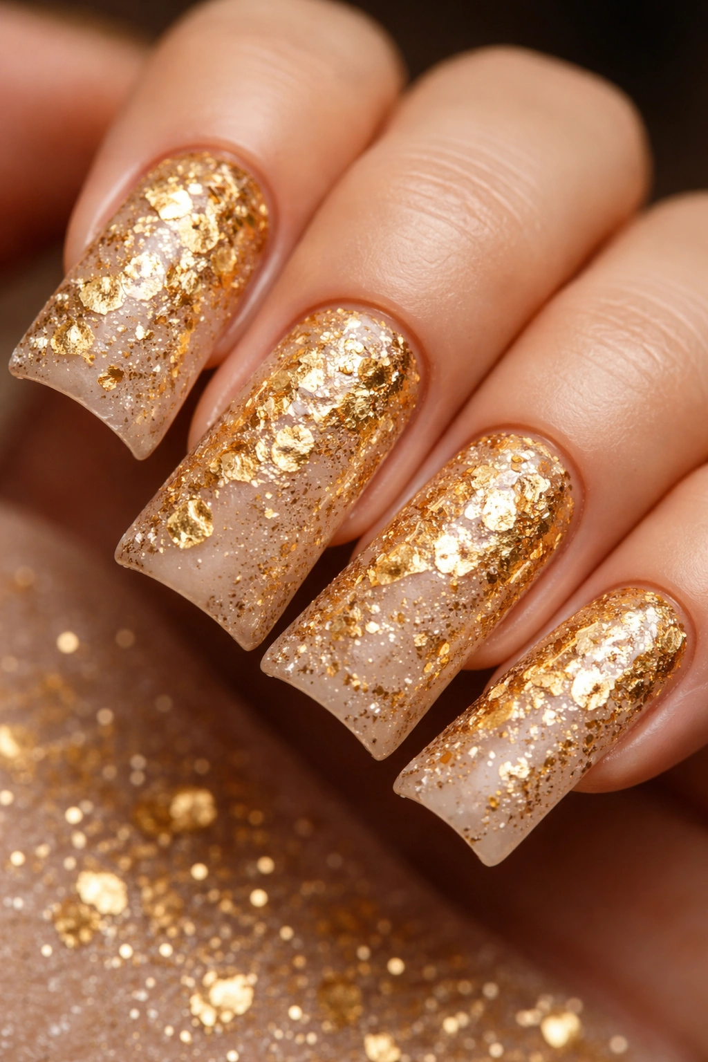 Nails with gold leaf and chunky glitter over warm nude base