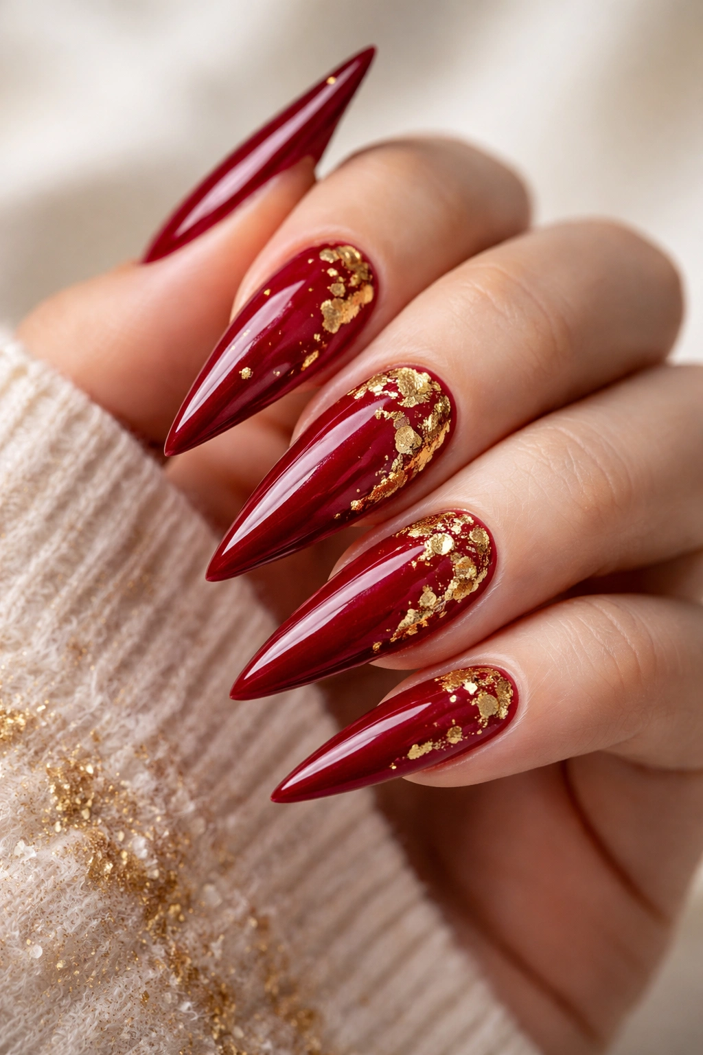 Close-up of cherry red stiletto nails with gold leaf accents