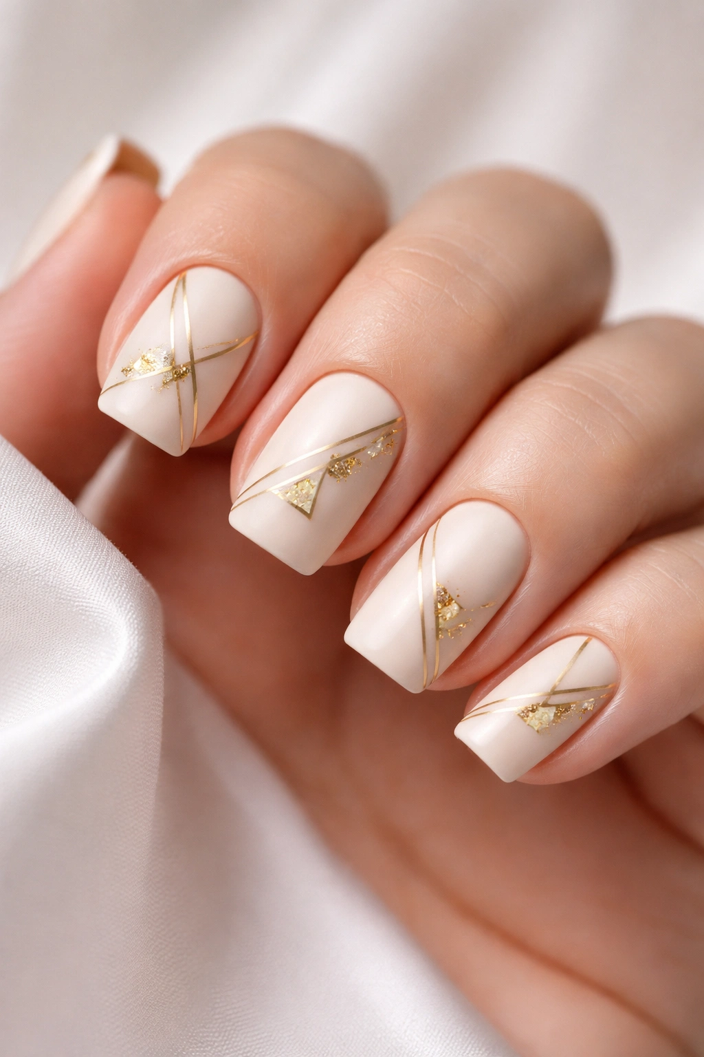 Cream base coffin nails with gold leaf geometric accents