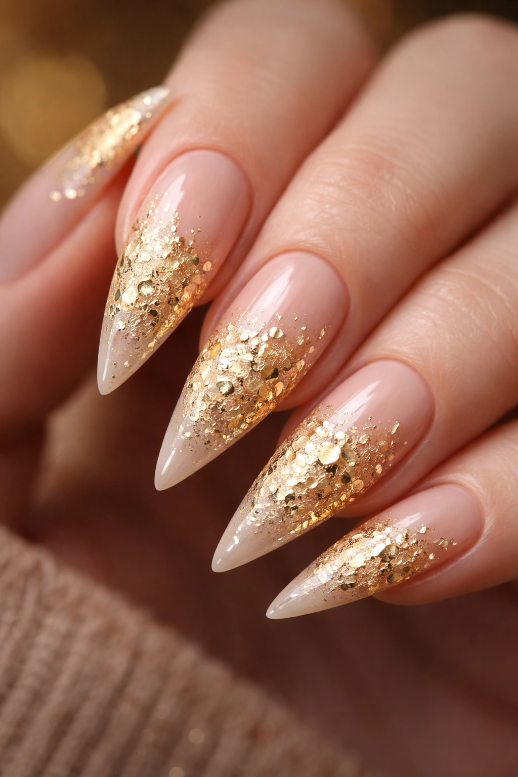 Gold leaf design on nude stiletto nail with textured metallic sheets