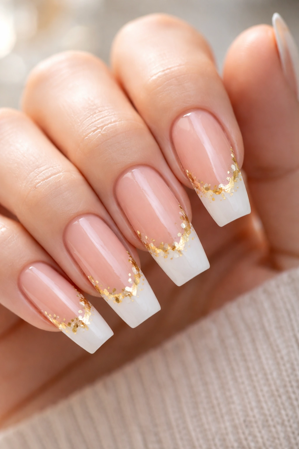 Nails with gold leaf accents on white French tips
