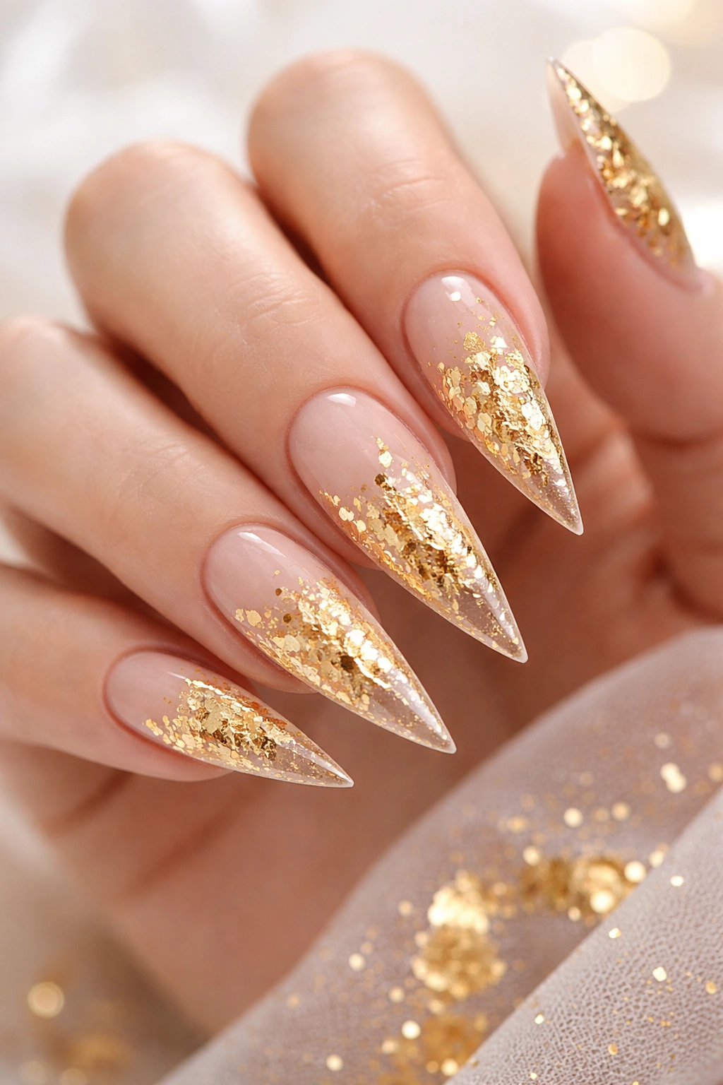 Nude base nails with gold leaf accents