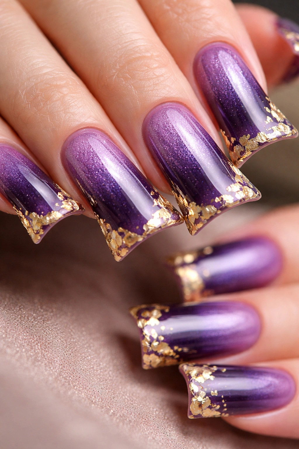 Purple duck nails with gold leaf accents for a luxurious manicure