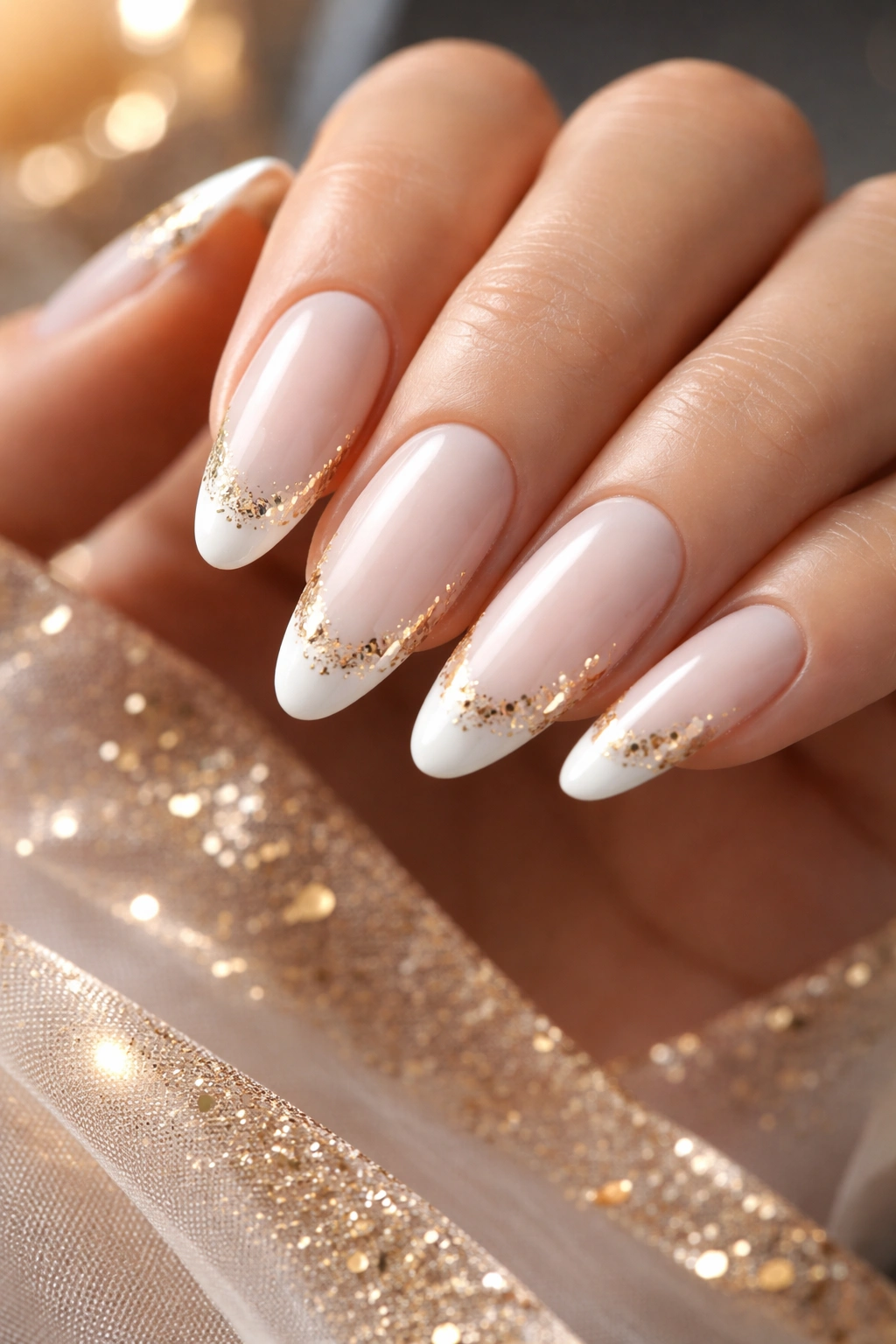 Close-up of long oval nails with gold leaf accents on white tip
