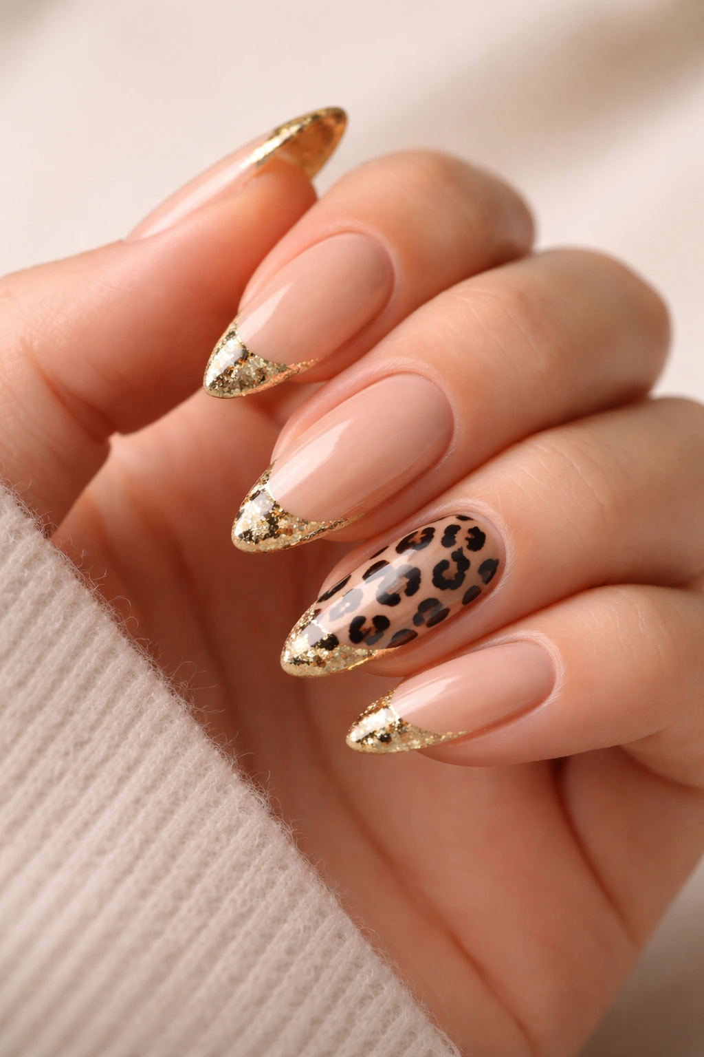 Close-up of almond-shaped nails with nude base, gold tips and leopard-print accents.