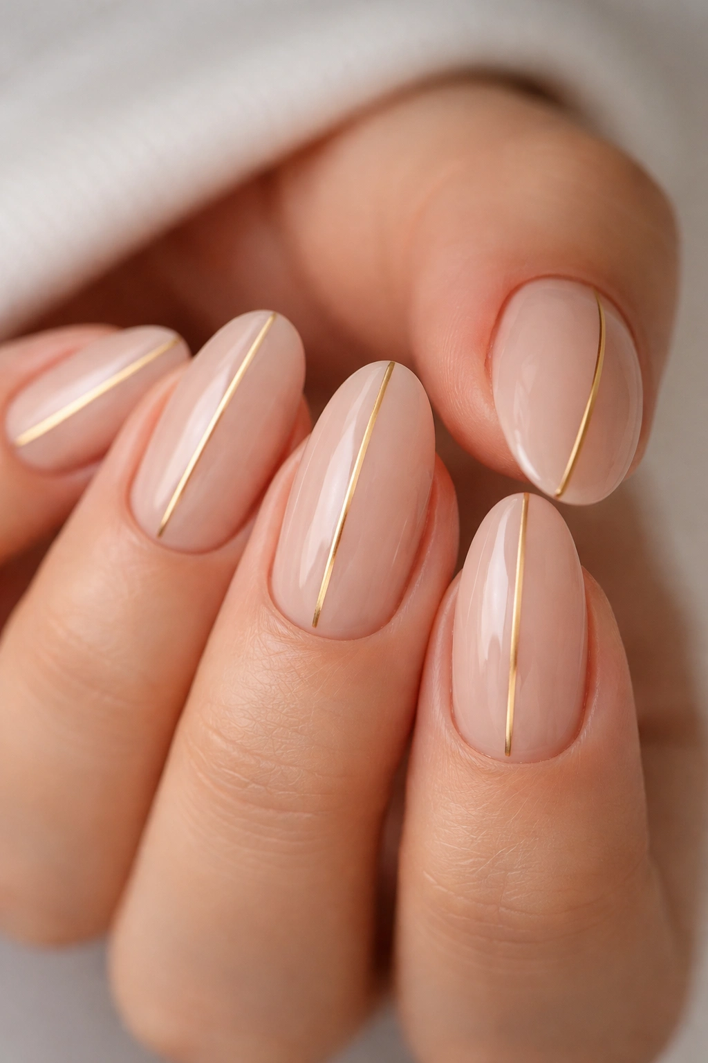 Close-up of a short almond nail with a thin gold line on nude base