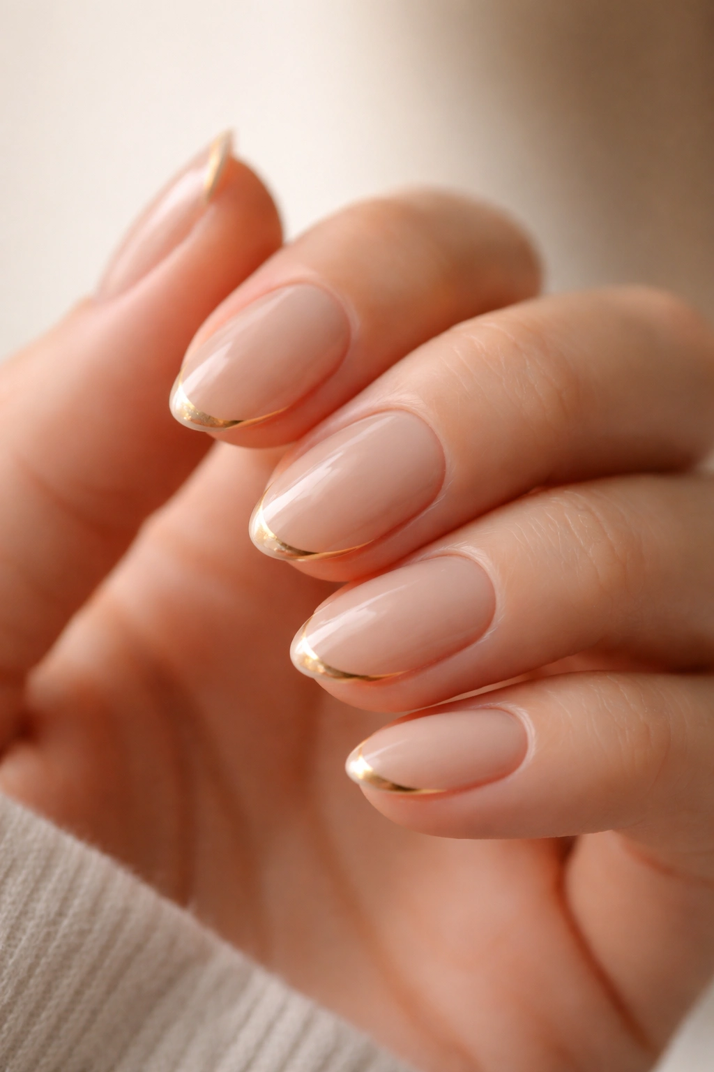 Close-up of almond nails with a thin gold line