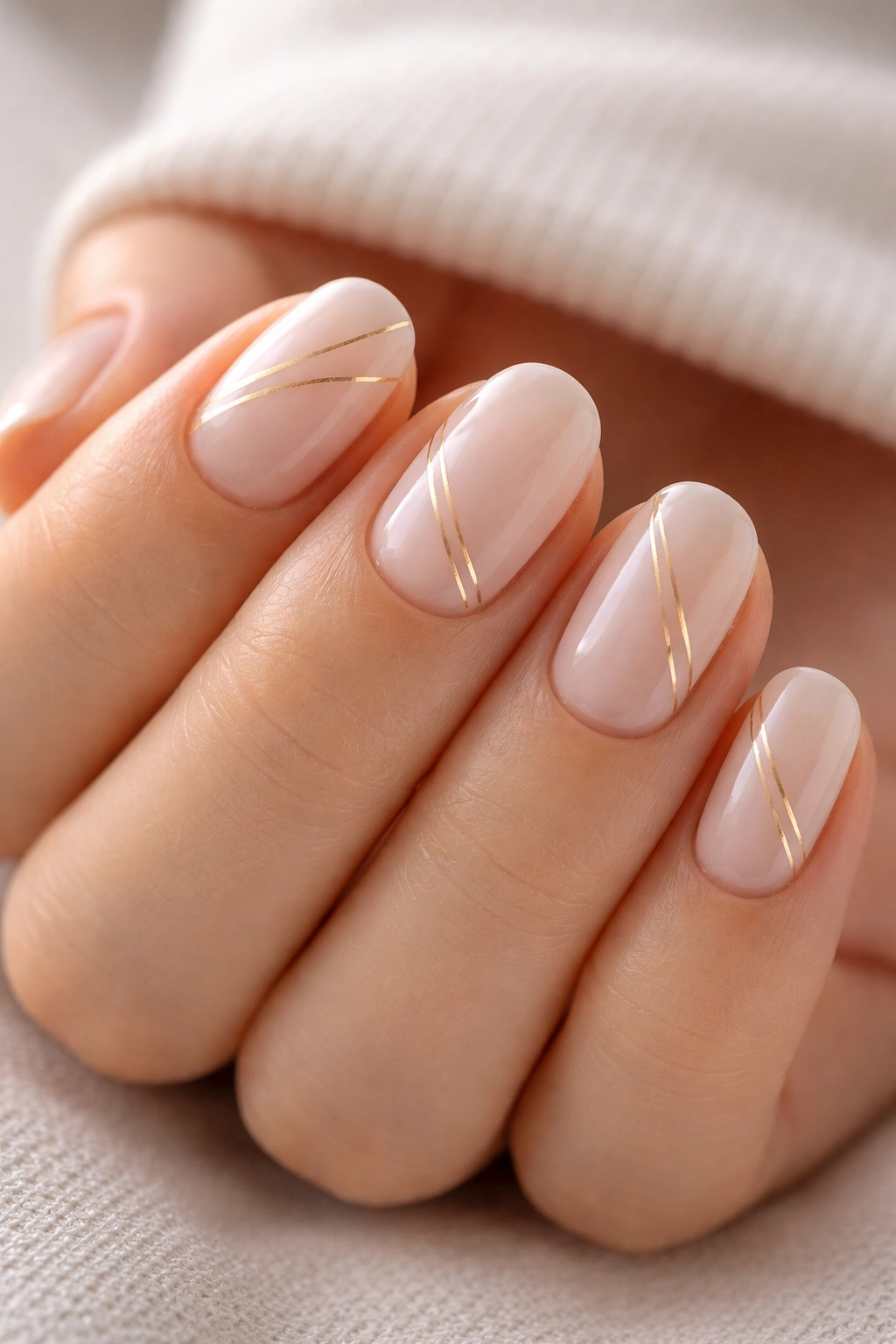 Close-up of short oval nails with gold line art