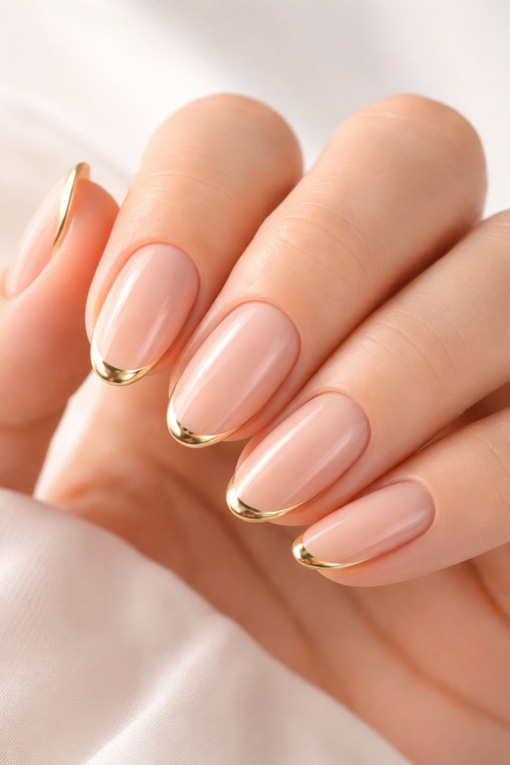 Close-up of ultra-thin gold line along nail tip on nude base