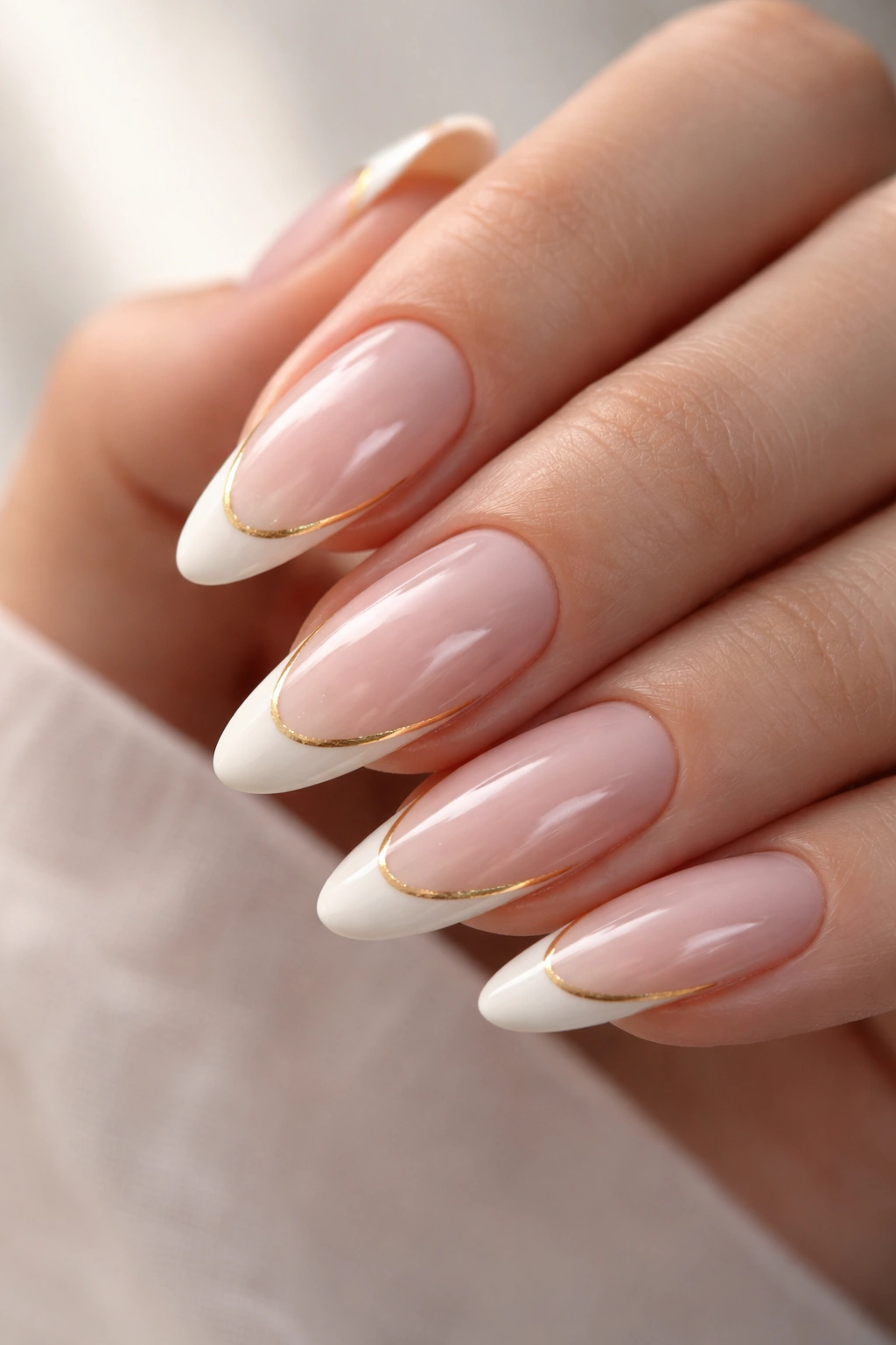 Close-up almond nails with a tiny gold line along the white tip
