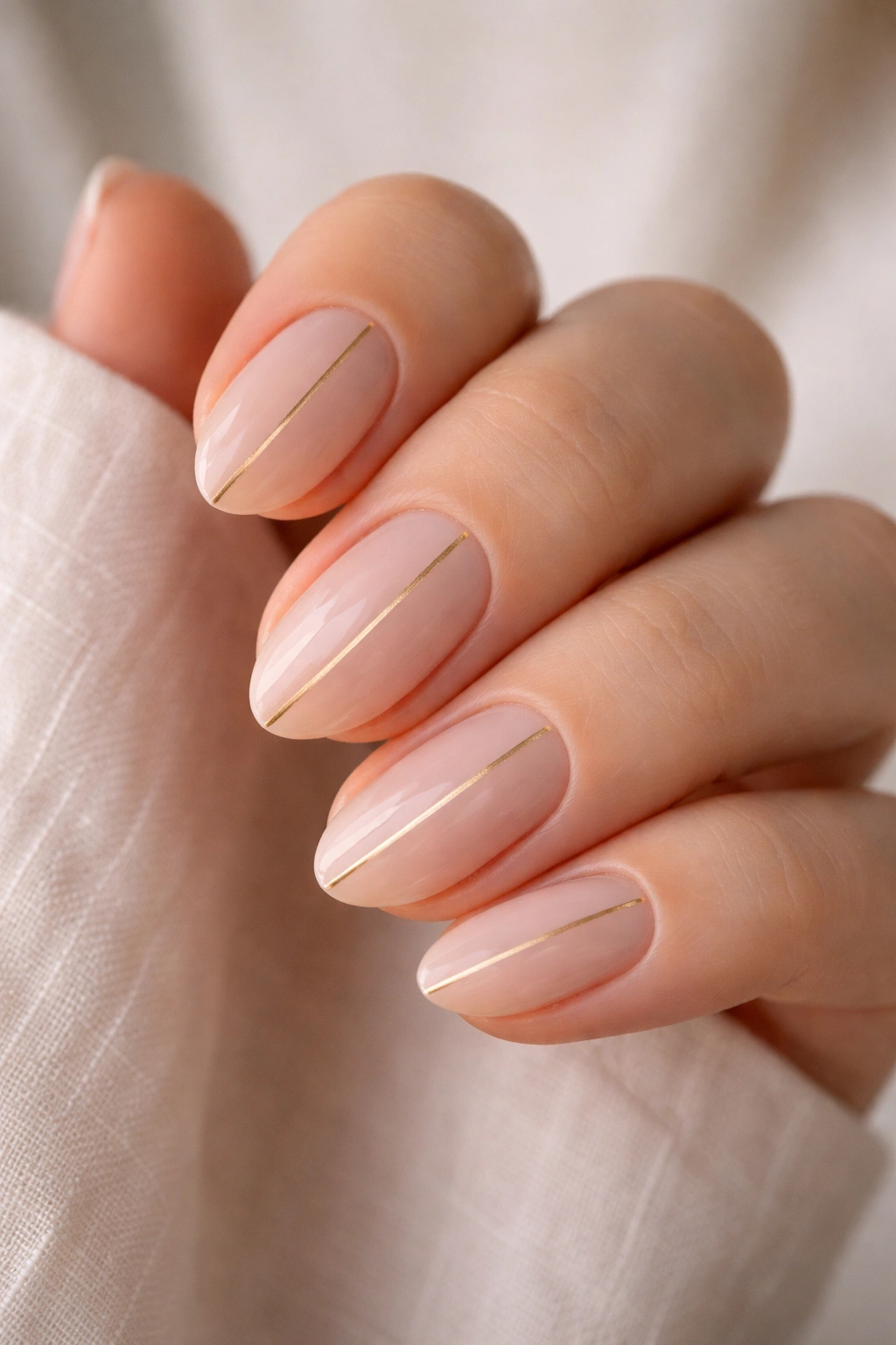 Close-up of short almond nails with a single thin gold line on neutral base