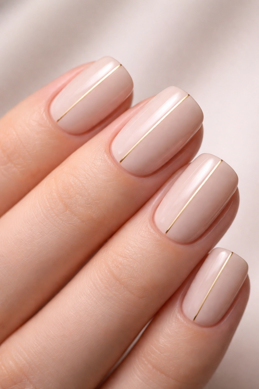Close-up of short squoval nails with a single thin gold line on nude base