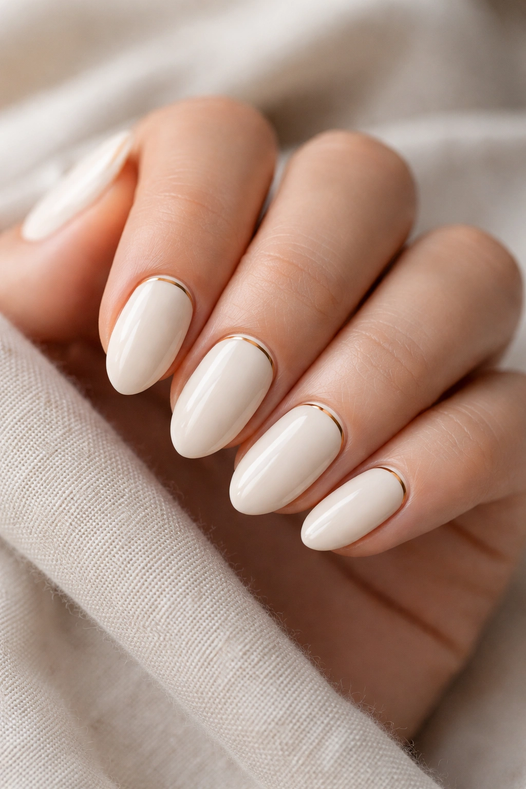 Close-up of off-white almond nails with a thin gold line near the cuticle.
