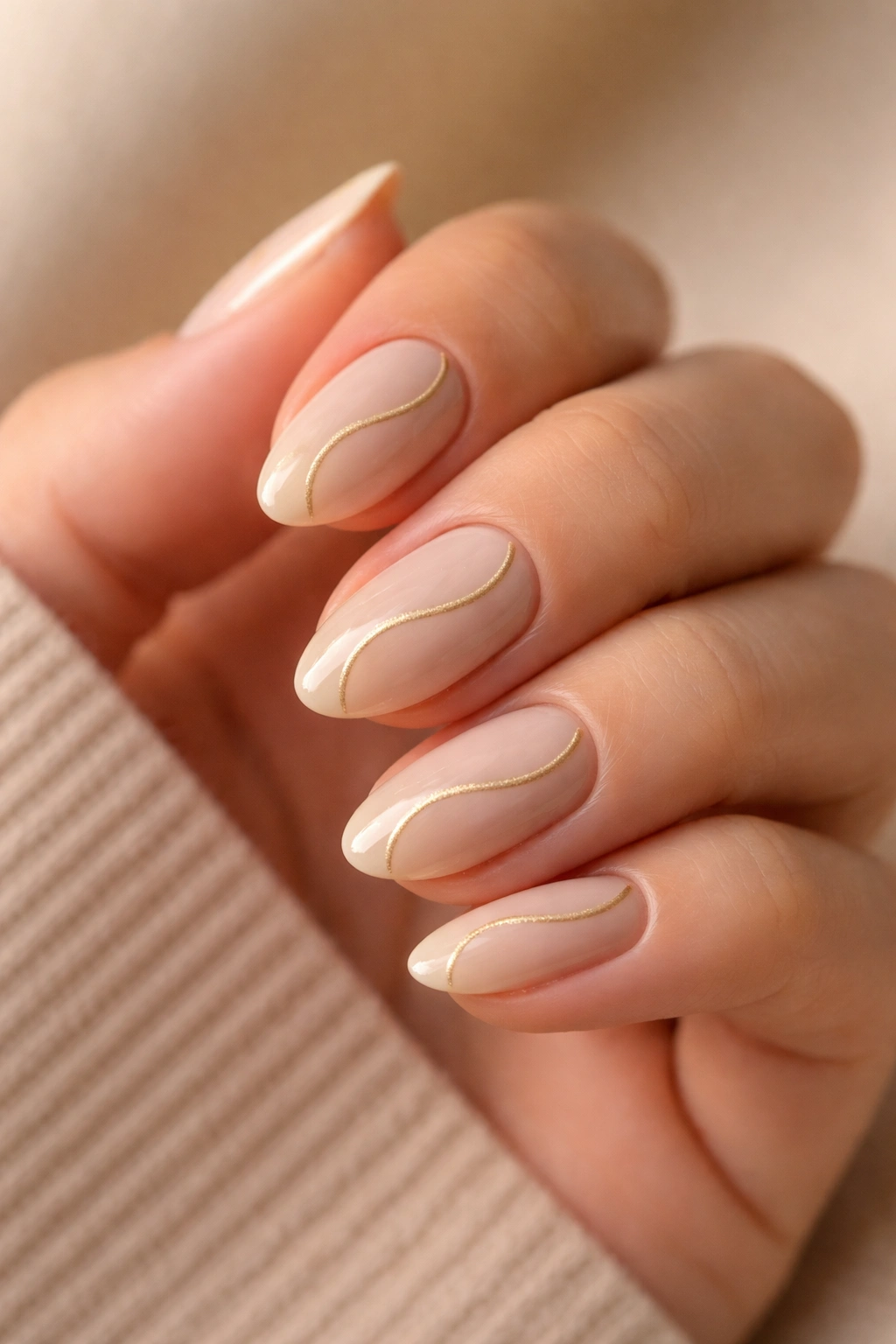 Close-up of short almond nails with gold line swirl on beige base