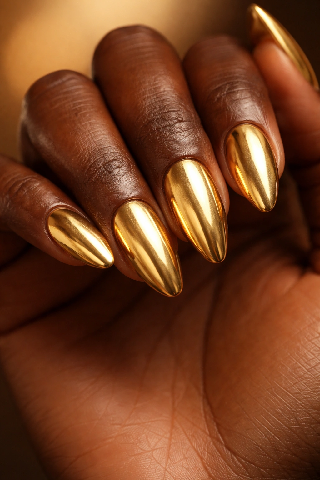 Dark skin hand with gold manicure under warm lighting